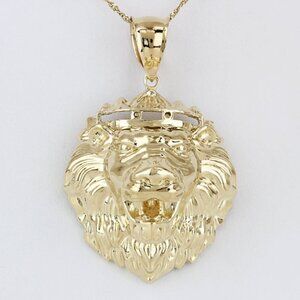 10K Yellow Gold 3D Regal Crown Lion High Polish Pendant/Charm